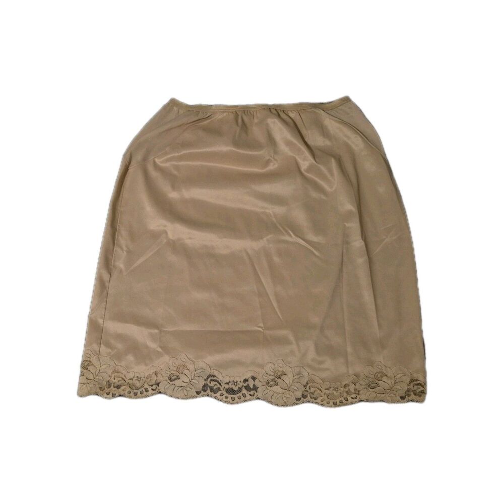 VTG Vanity Fair M Floral Lace Hem Nylon Satin Neutral Minimalist USA